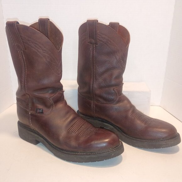 JUSTIN Men's Sz 9.5D Brown Leather Pull-on Round Toe Western Work Boots - Picture 1 of 12
